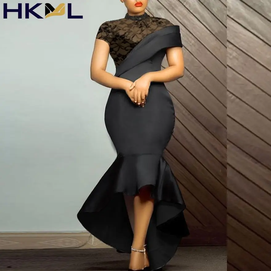 

Women Dress Lace Patchwork Black Party Sheer Sleeves Slim See Through Mermaid Large Size Lady Homeconing Robes Gowns