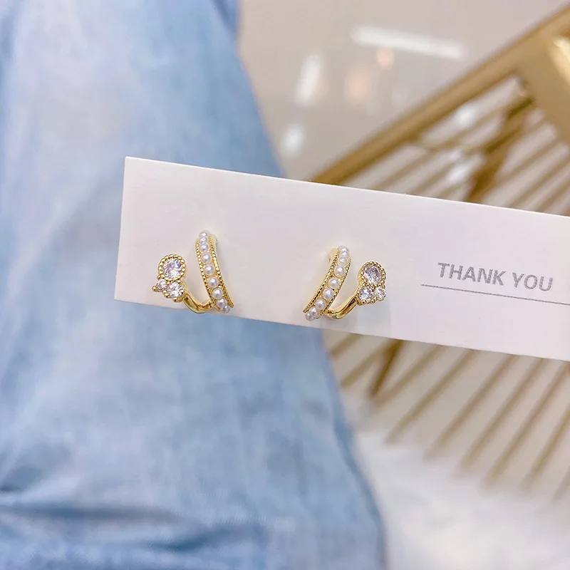 

New design double layer exquisite zircon pearl niche simple ZC earrings luxury 14K real gold stud earrings for women