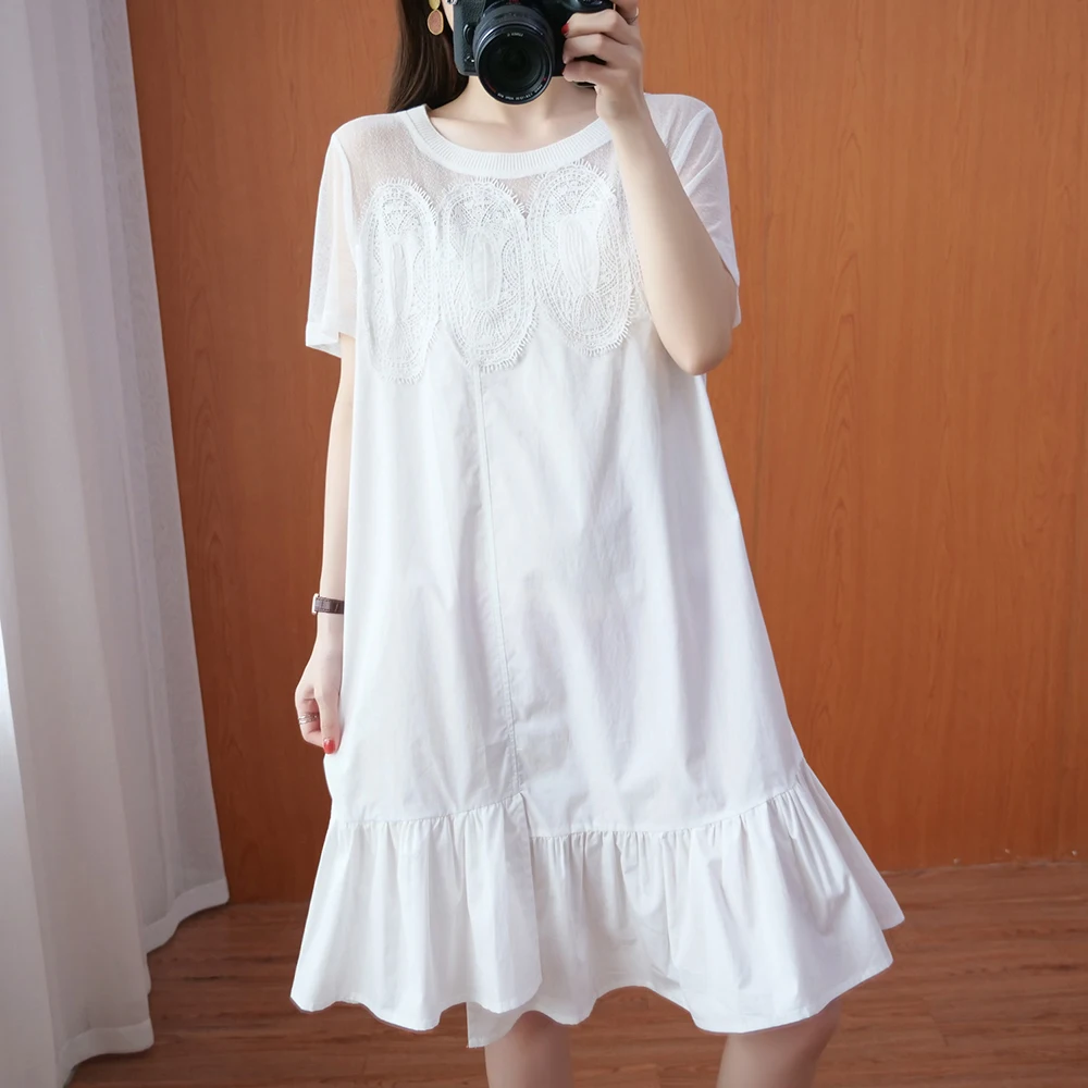 

2021 Summer New Dress Japanese Style Solid Color Round Neck Lace Splicing Summer Perspective Simplicity Casual Women's Clothing