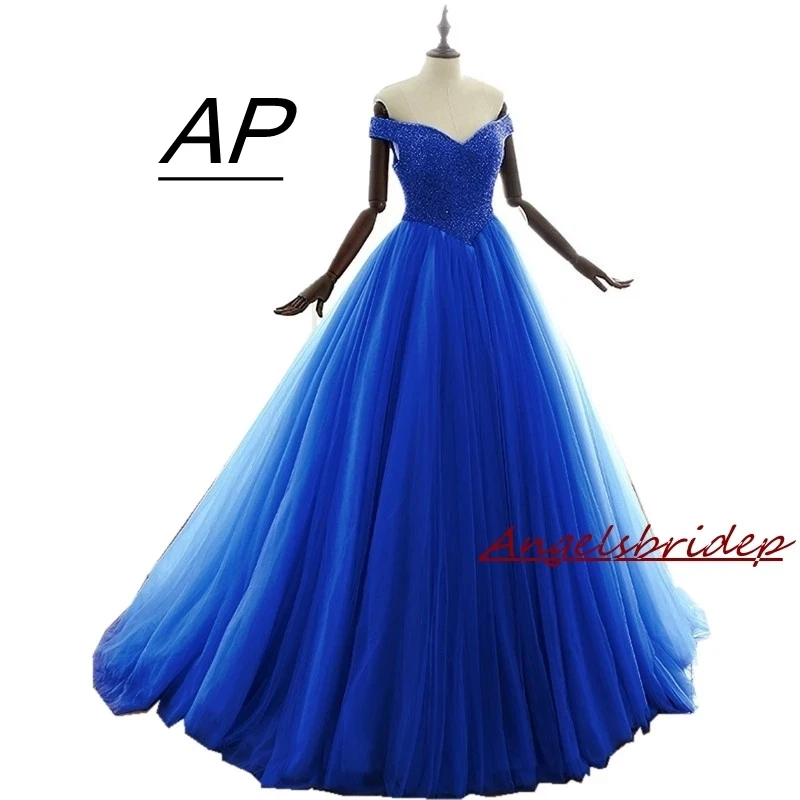 

Sparkly Beads Royal Blue Quinceanera Dresses Sweet 16 Dress Formal Off-Shoulder Sweetheart Tulle Cinderella Princess Party Gowns