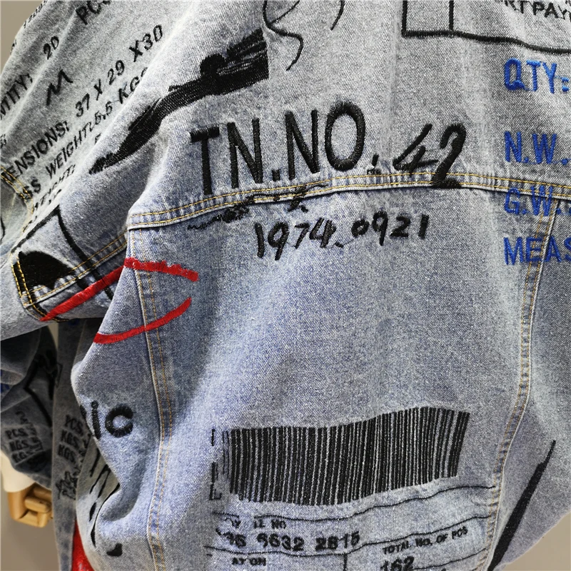 

Fad Women Denim Jacket Loose Letter Embroidery Harajuku Large Size Denim Coat Single-Breasted Turn Down Collar Female Jacket