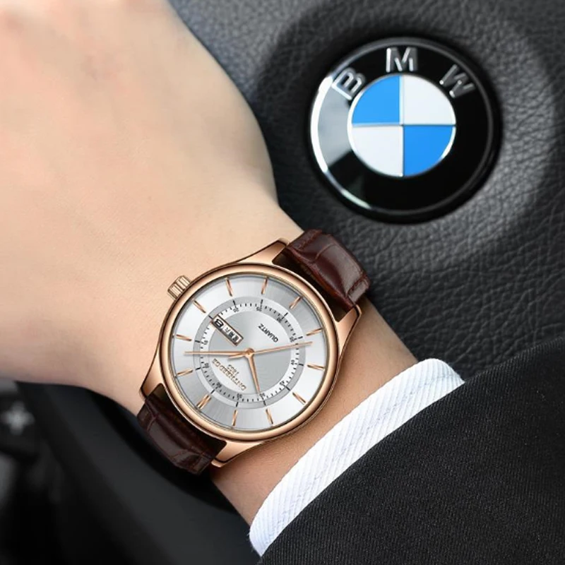 Часы наручные мужские бизнес часы круглые кварцевые водонепроницаемые кожаный