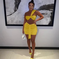 solid color two piece set one shoulder crop tops and drawstring mini skirts 2021 female streetwear women ruched club outfits