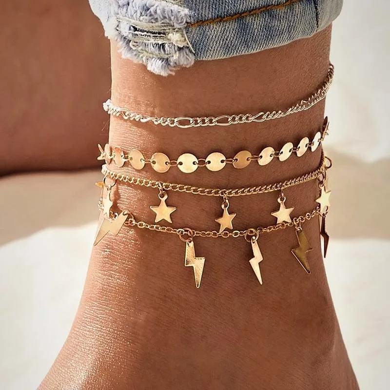 

4 pcs/set Stars Lightning Sequins Charm Ankle Bracelet Women's Leg Bracelets Anklets Foot Chains Summer Jewelry Girls