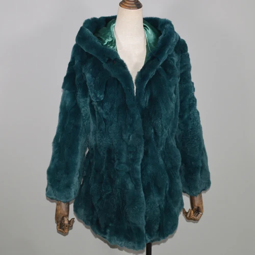 malachite green Длинная стильная Роскошная настоящая куртка с мехом кролика Рекс женская шуба из кролика рекс для девочек настоящий натуральный мех кролика рекс верхняя одежда с капюшоном - Цвет: malachite green
