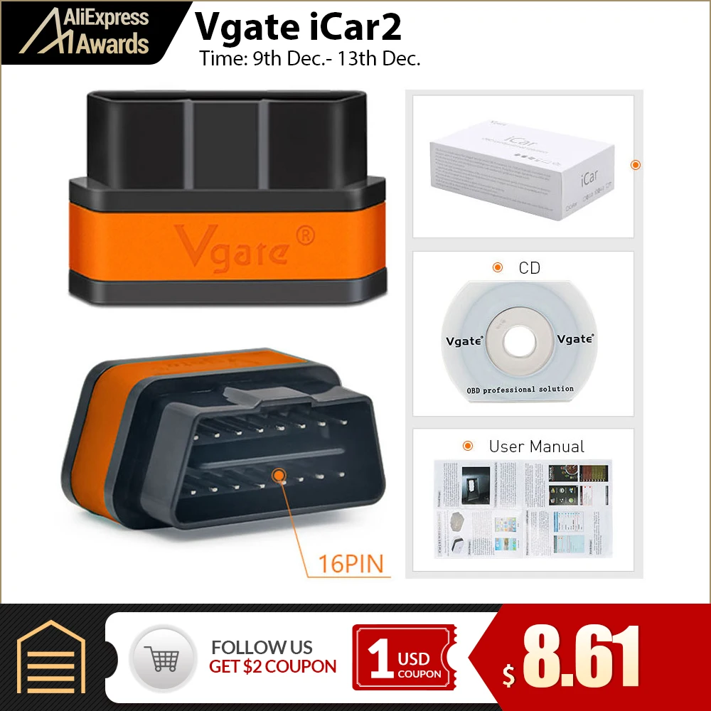 Vgate icar2 Bluetooth/Wifi OBD2 диагностический инструмент ELM327 Bluetooth OBD 2 сканер Мини ELM327 WiFi для Android/IOS/PC считыватель кодов