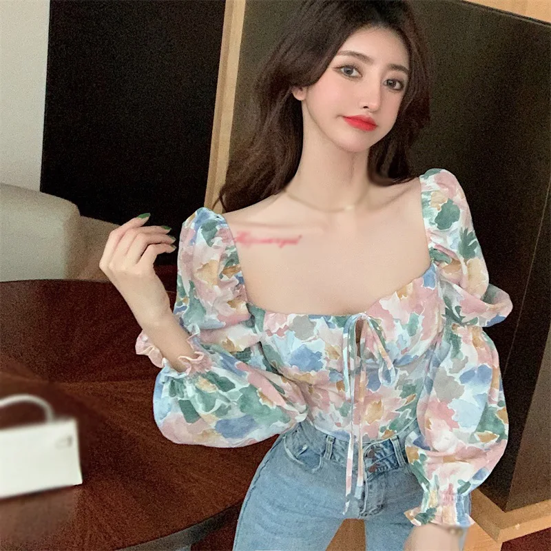 

Summer Women's Fashion Square Collar Floral Print Shirt Sexy Casual Sweet Long Sleeves Chiffon Blouse Top