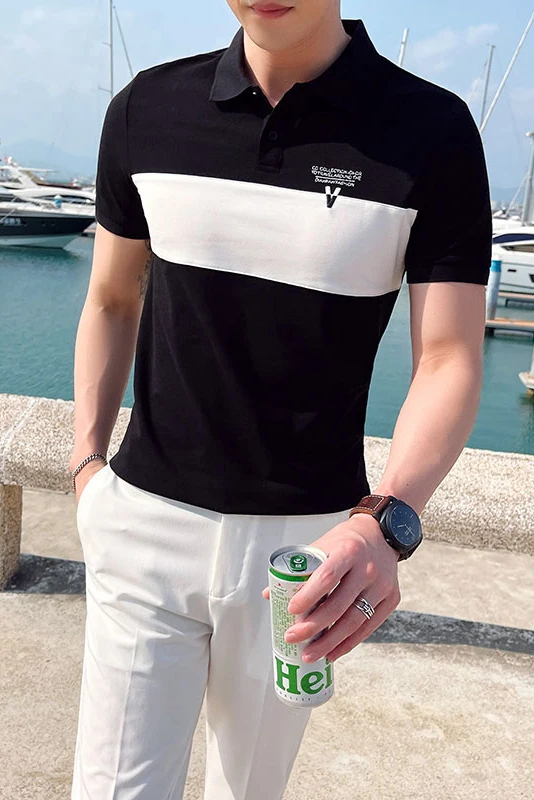 

Summer Men's 2021 Polo Shirt Short Sleeve Slim Casual Tee Tops Fashion Splicing Business Social Clothing Street Wear Shirts