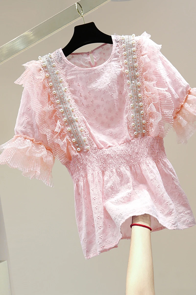 

2021 Summer New Sweet Beaded Lace Ruffled Shirts Elegant Women Patchwork Waist Slimming Short Sleeve Shirts Top Ladies Blouses