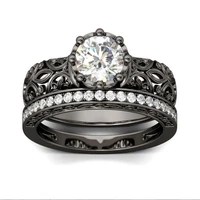2 pcsset vintage hollow black engraving pattern white crystal zircon rhinestone female ring set for women party jewelry