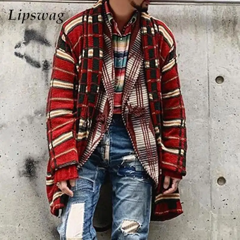 

Мужской теплый вязаный кардиган, винтажный свитер с длинным рукавом и принтом в клетку, повседневные свободные свитера, верхняя одежда на о...