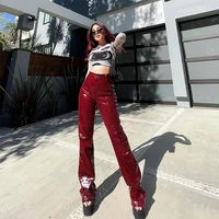 burgundy faux leather pants womens pants high waist lady loose sexy streetwear fashion elegant leg female trouser straight