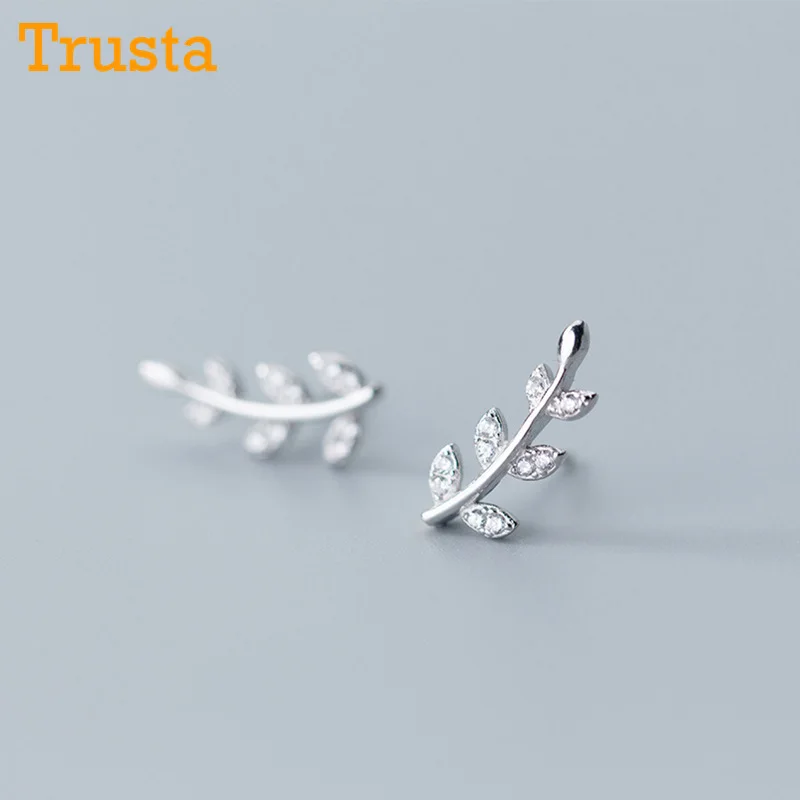 Trusta, 925 пробы, серебряный, модный, маленький лист с фианитами, 14 мм X 6 мм, серьги-гвоздики, подарок для школьниц, дочери, подарок, DS725
