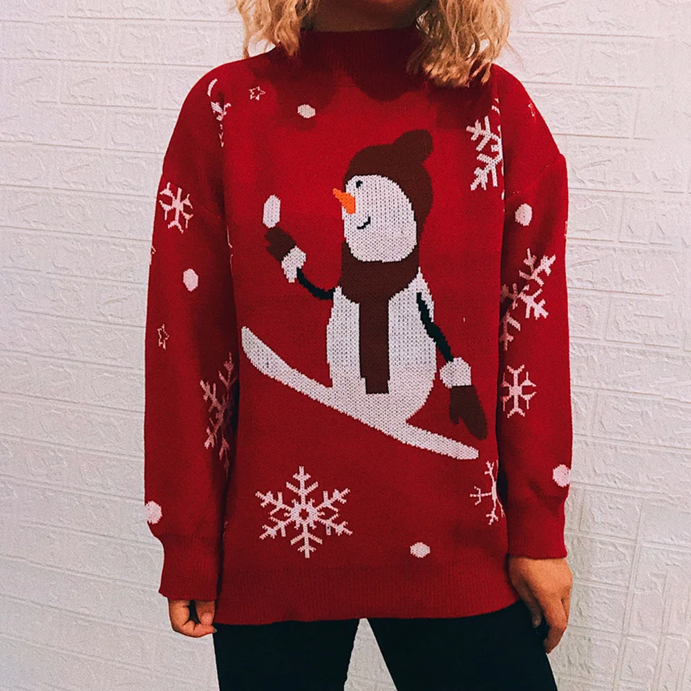 

Women's Sweater Autumn Winter New Fashion Casual Loose High Neck Long Sleeves Snowman Snowflake Christmas And New Year Themed