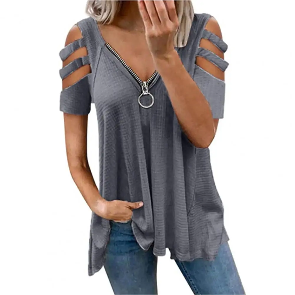 

Женская Однотонная футболка с вырезами на рукавах, летняя блузка с низким вырезом на молнии для свиданий