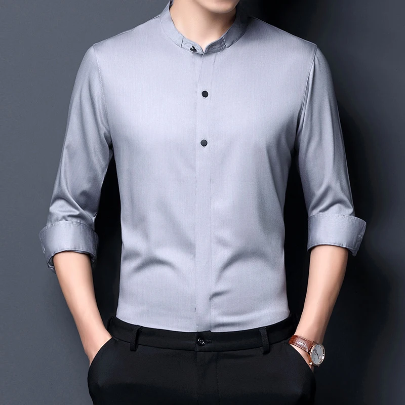 

2021 NEW Spring and Autumn Small Stand Collar Solid Color Long Sleeve Shirt Men Handsome Trendy Shirts C688-217