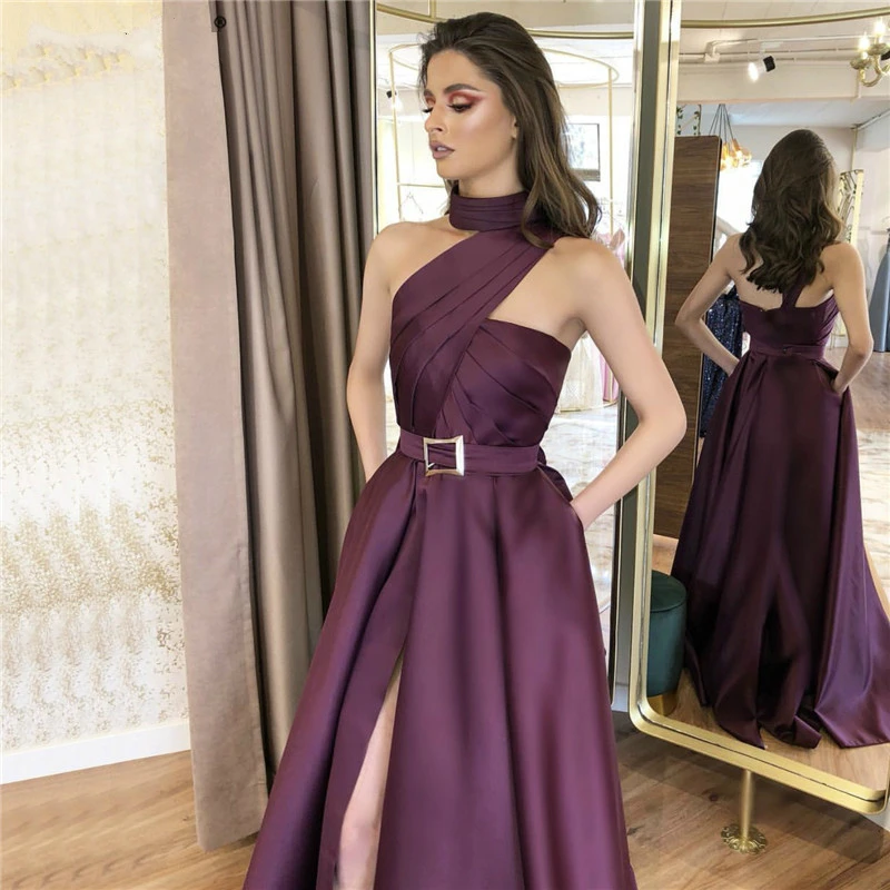 Elegant Purple Prom Dresses Long with Pockets A-Line Halter Slit Satin Party Dress 2020 Robe De Soiree Evening Gowns | Свадьбы и