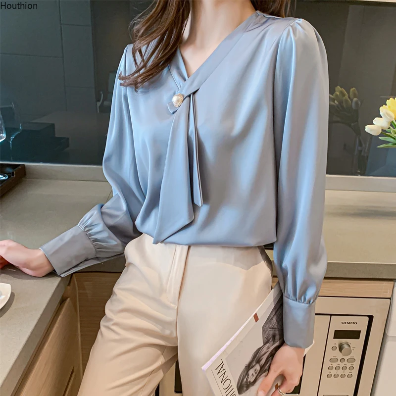 

Houthion New Long-sleeved Women's Blouse Silk Satin Fashion Tops V-neck Summer Korean Shirt Casual Puff Sleeve Regular