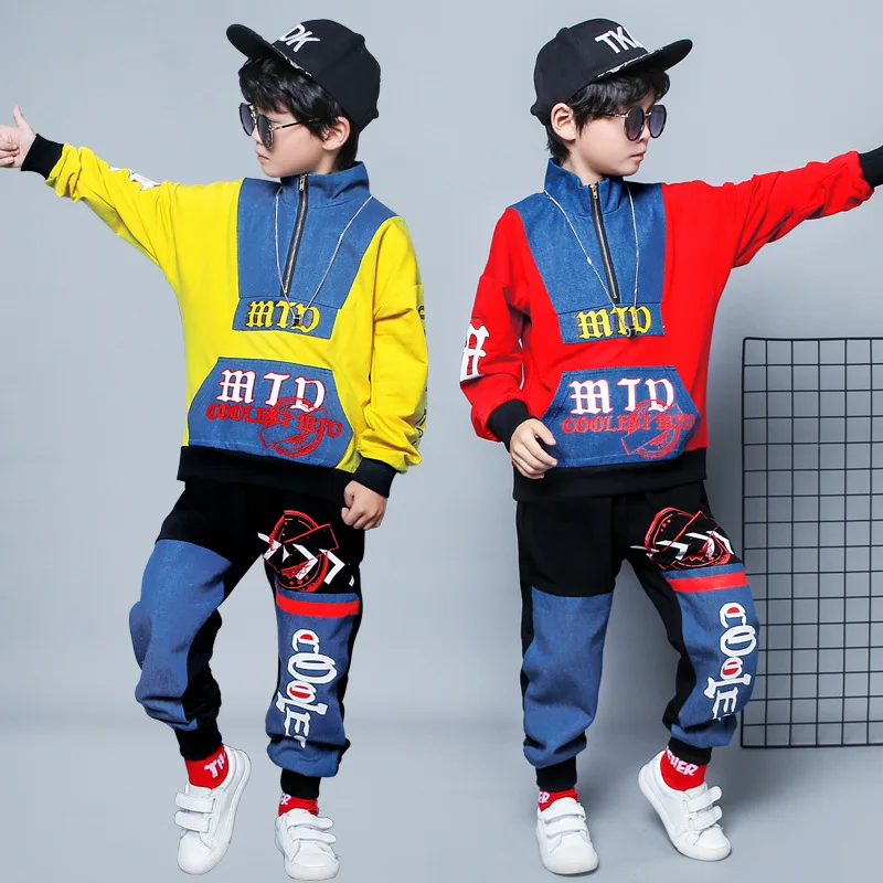 New Model 2019 Boy Suit High collar cowboy Splicing Sportswear 2 sets spring and autumn clothes clothing Children's we | Детская