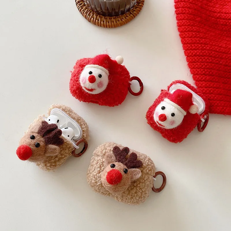 

Рождественский чехол для наушников Apple Airpods 3, 2, 1 Pro, милый плюшевый чехол с оленем, снеговиком, Рождественская Беспроводная мягкая гарнитура ...