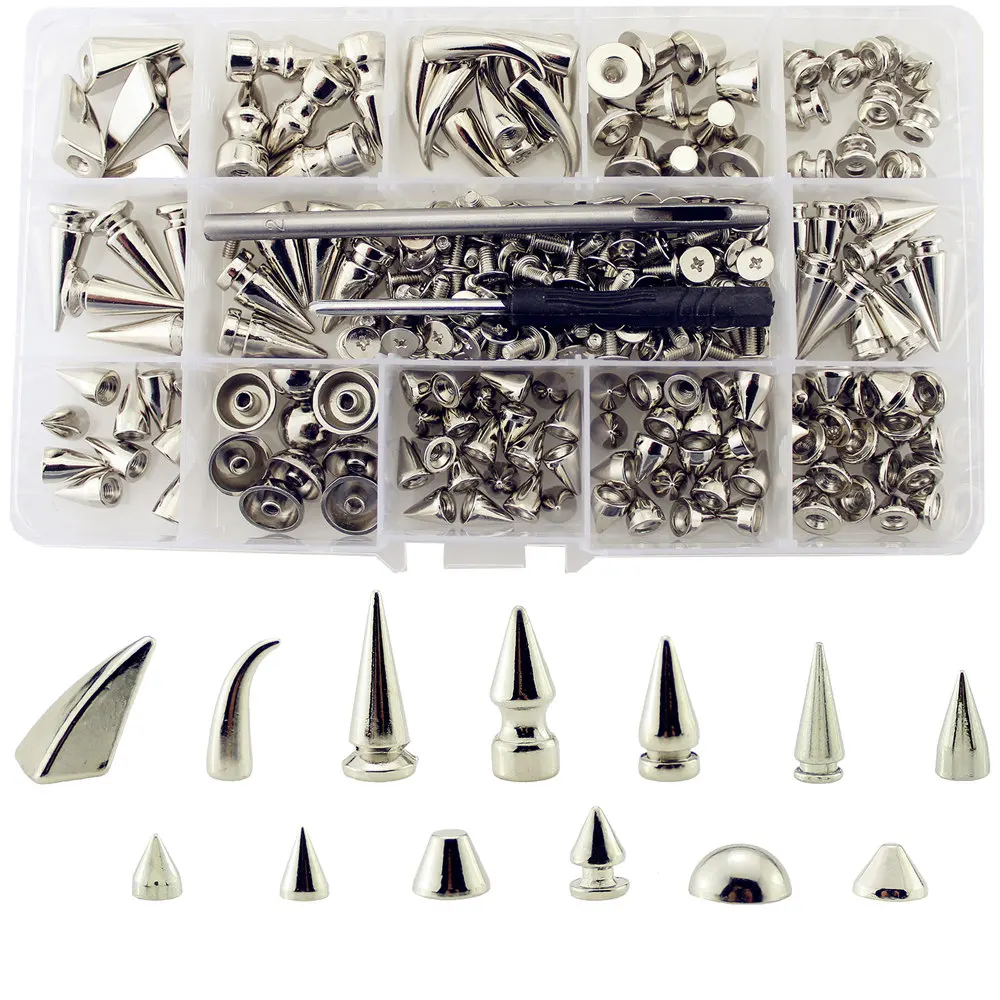 Mixed 13 Designs 140pcs Silver Spikes And Studs For Clothes DIY Punk Rock Screw Rivets For Leather Bag Shoes Handcraft