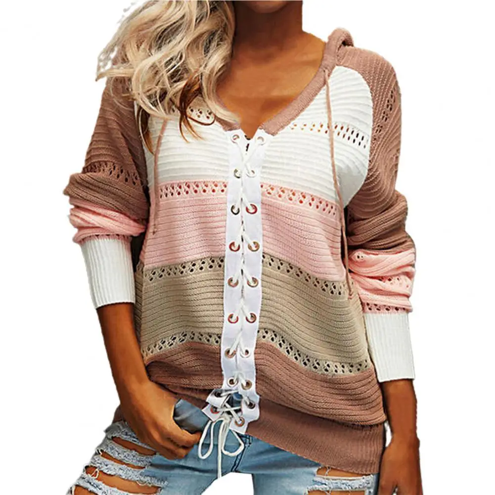 

Drawstring V-Neck Cardigan Sweater Long Sleeve Color Block Hooded Lacing Lady Knitted Coat Outerwear