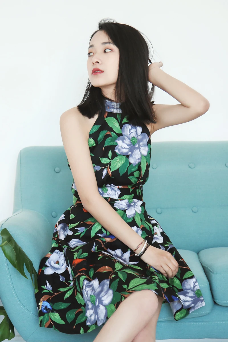 

Women Summer New Fashion Retro Vintage Flower Print Dress Lady's Casual Plus Size 3XS-10XL Halter A Line Dresses