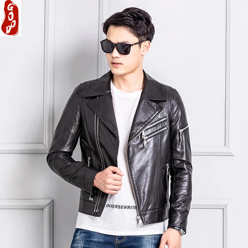 

2021 New Streetwear 100% Real Sheepskin Coat Men Spring Autumn Moto Biker Genuine Leather Jacket Man Fit Leather Coat 021