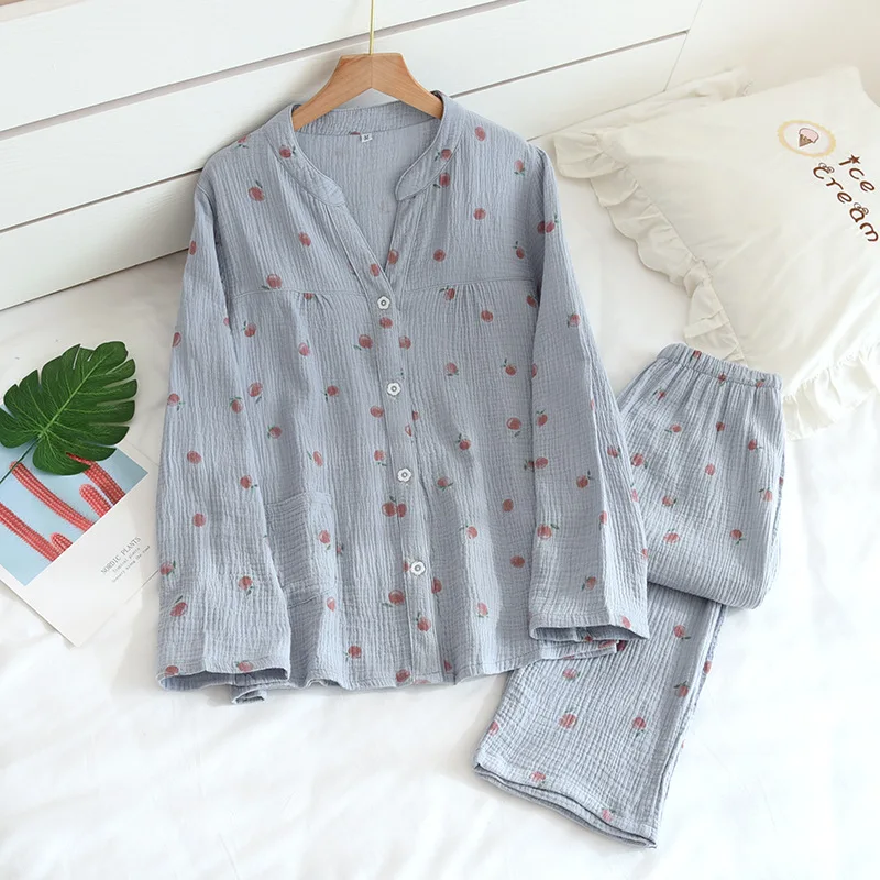 

KISBINI Spring Summer Women Homewear Pure Cotton Peach Printed Pajamas Set V-Neck Long Sleeve Female Sleepwear Pyjamas