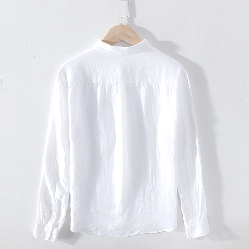 

Pure Linen Shirts for Men Long Sleeve Casual Turn-down Collar Basic Classic Tops Male Fashion Solid Color Retro Clothing 2021