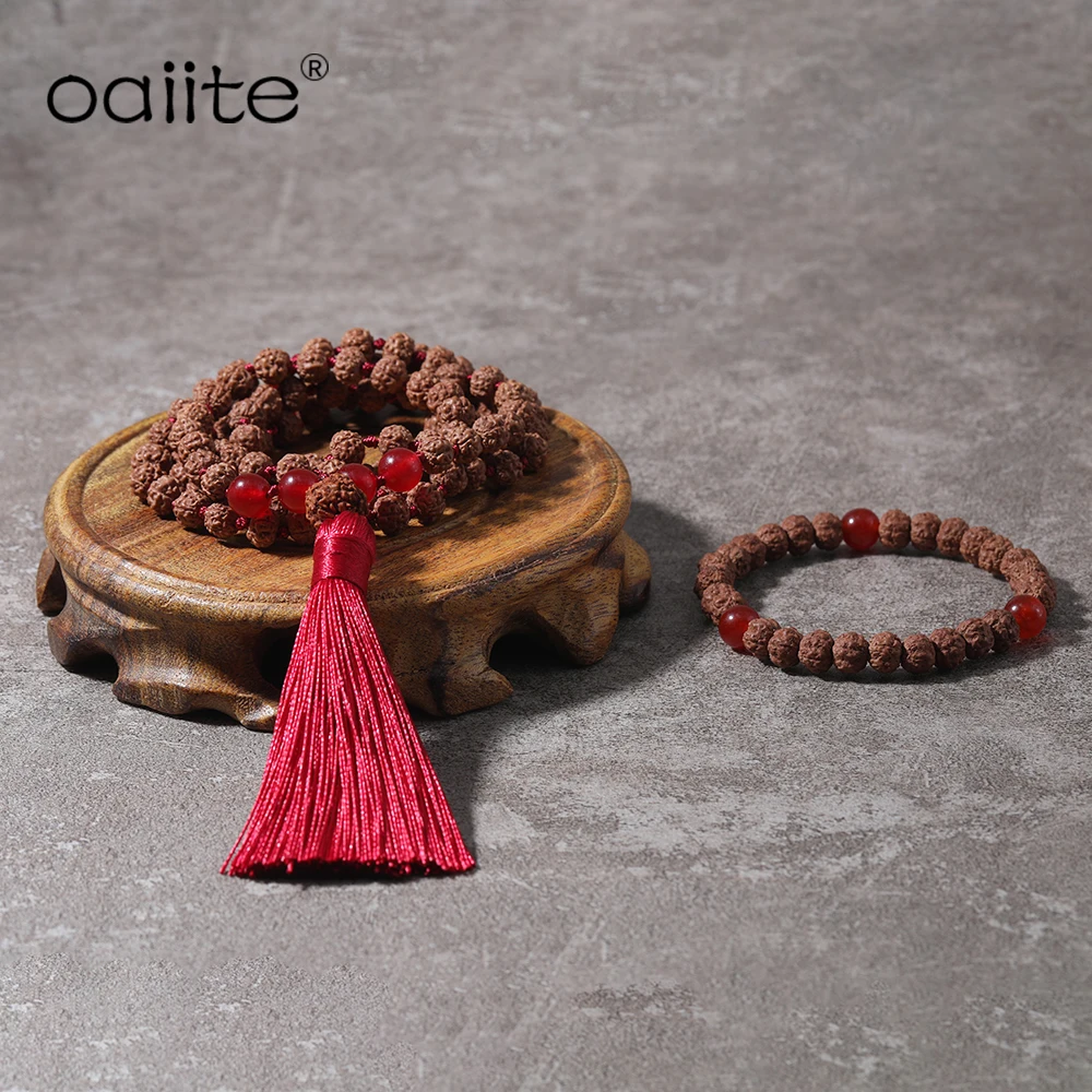 OAIITE выпрямитель JapaMala ожерелье наборы 108 Mala Beads Ручная работа с узелками красный
