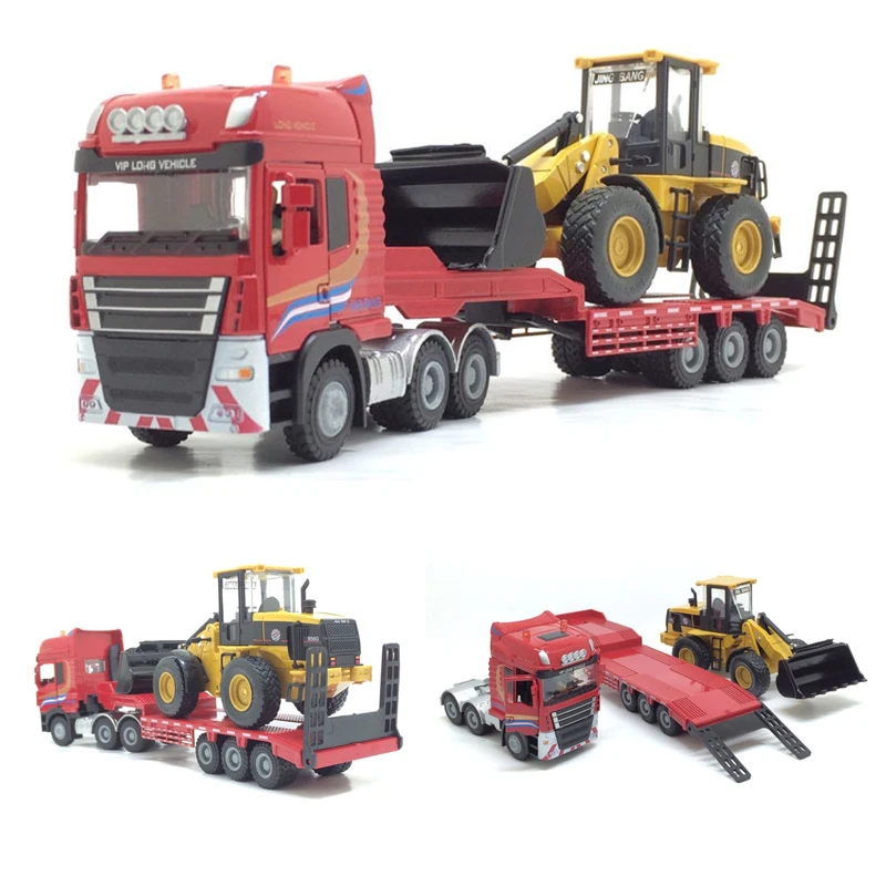 

1:50 Flatbed Trailer Trucks Toy Alloy Trailer Roller Excavator Loader Truck Model Car Toys For Boys Digger Forklift