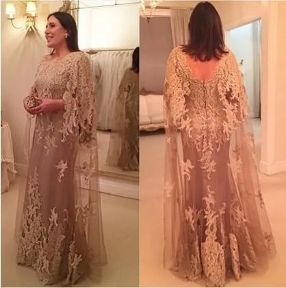 

Champagne Evening Dresses With Shawl 2019 Appliques Lace Tulle Women Pageant Gown For Formal Prom Party Vestido Festa