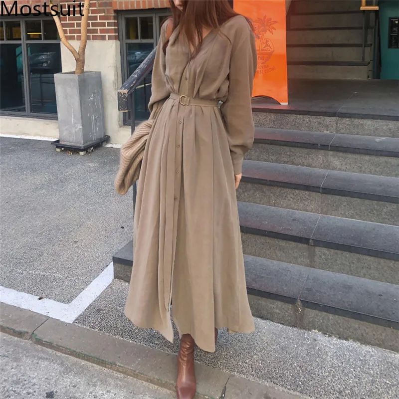 

Korean V-neck Long Maxi Dress Women Long Sleeve Single-breasted Solid Belted A-line Pleated Dress Fashion Vintage Vestidos 2020