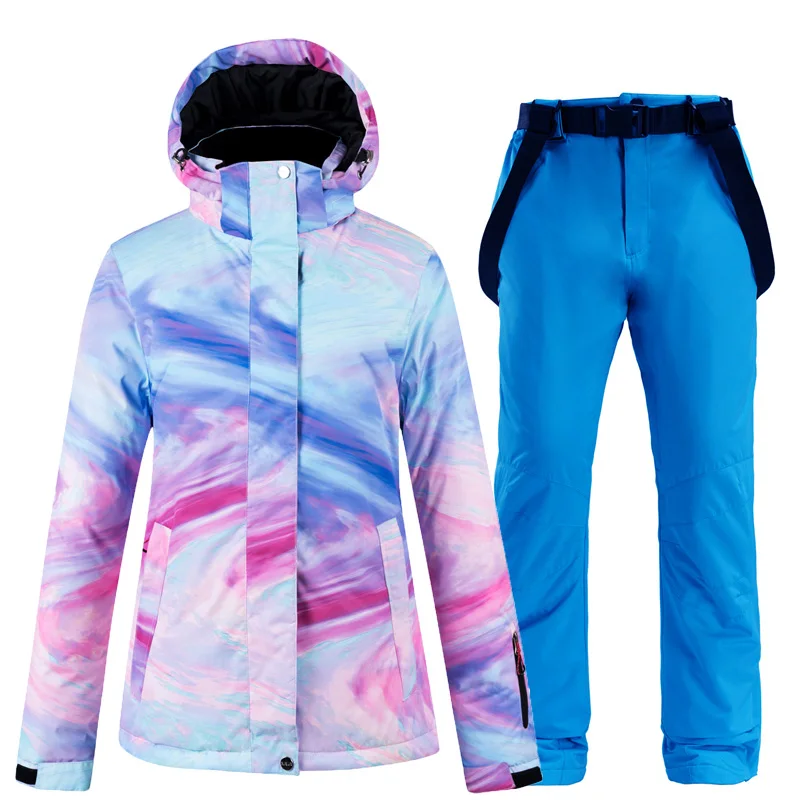 Jacket Dk.blue pants Красочный Зимний костюм Женская лыжная куртка+ зимние комбинезоны брюки зимние водонепроницаемые утепленные костюмы женский комплект для сноуборда - Цвет: Jacket Dk.blue pants