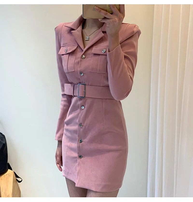 Trytree Autumn Winter Women Casual Dress Turn-down Collar Single Breasted Pockets Belt 5 Colour Slim fit Fashion Mini Dress