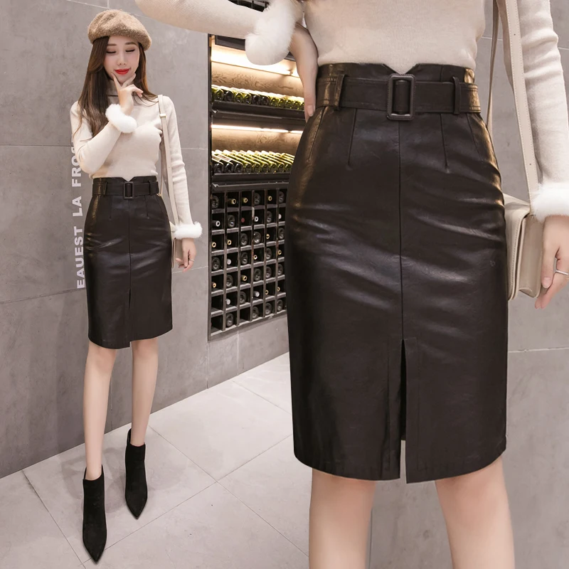 

Tom Hagen Autumn Winter Elegant Pencil Midi Skirts High Waist Black PU Leather Split Sheath Wrap Skirts with Belt Female 2020