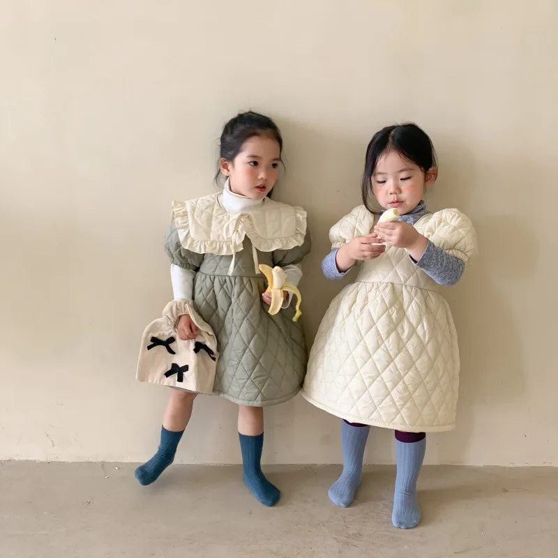 

MILANCEL 2021 Winter Autumn New Kids Clothes Girls Dress Peter Pan Collar Solid Short Sleeve Thick Cotton Dress