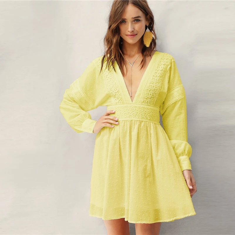 SHEIN Жаккардовое Платье С V-Образным Глубоким Вырезом И Кружевом Женское Весеннее Богемное Платье С Длинными Рукавами