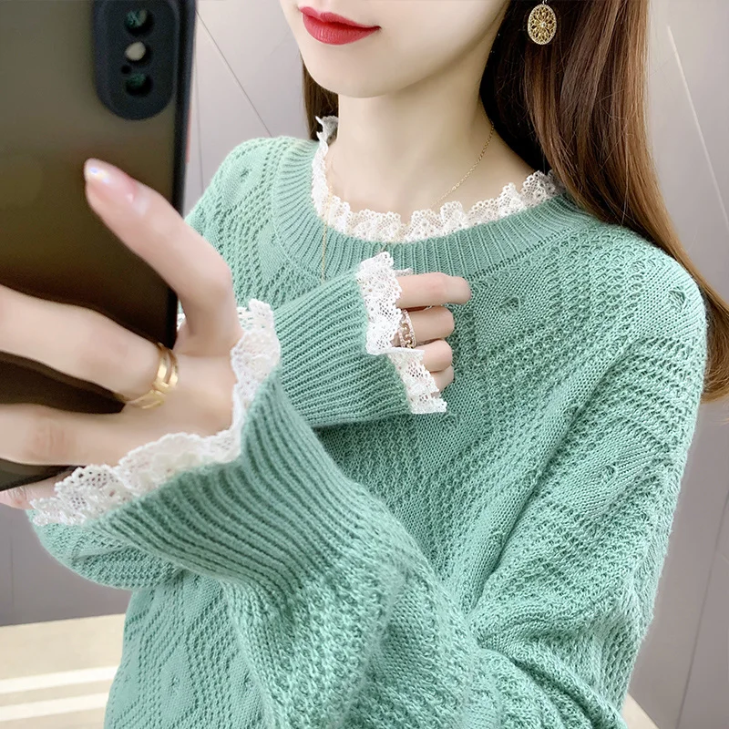 

Короткий вязаный Топ, осенний Новый свитер, популярная женская дизайнерская Свободная верхняя одежда в западном стиле, пуловер с кружевным...