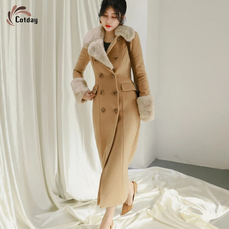 

Cotday Camel Single Breasted Button V-Neck 2020 Winter Fashion Ankle-length Elegant Woolen Cotton Fur outdoor Women Coat