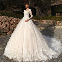 luxury wedding dresses long sleeve o neck 3d three dimensional flowers charming gowns royal train robe de mari%c3%a9e tailor made