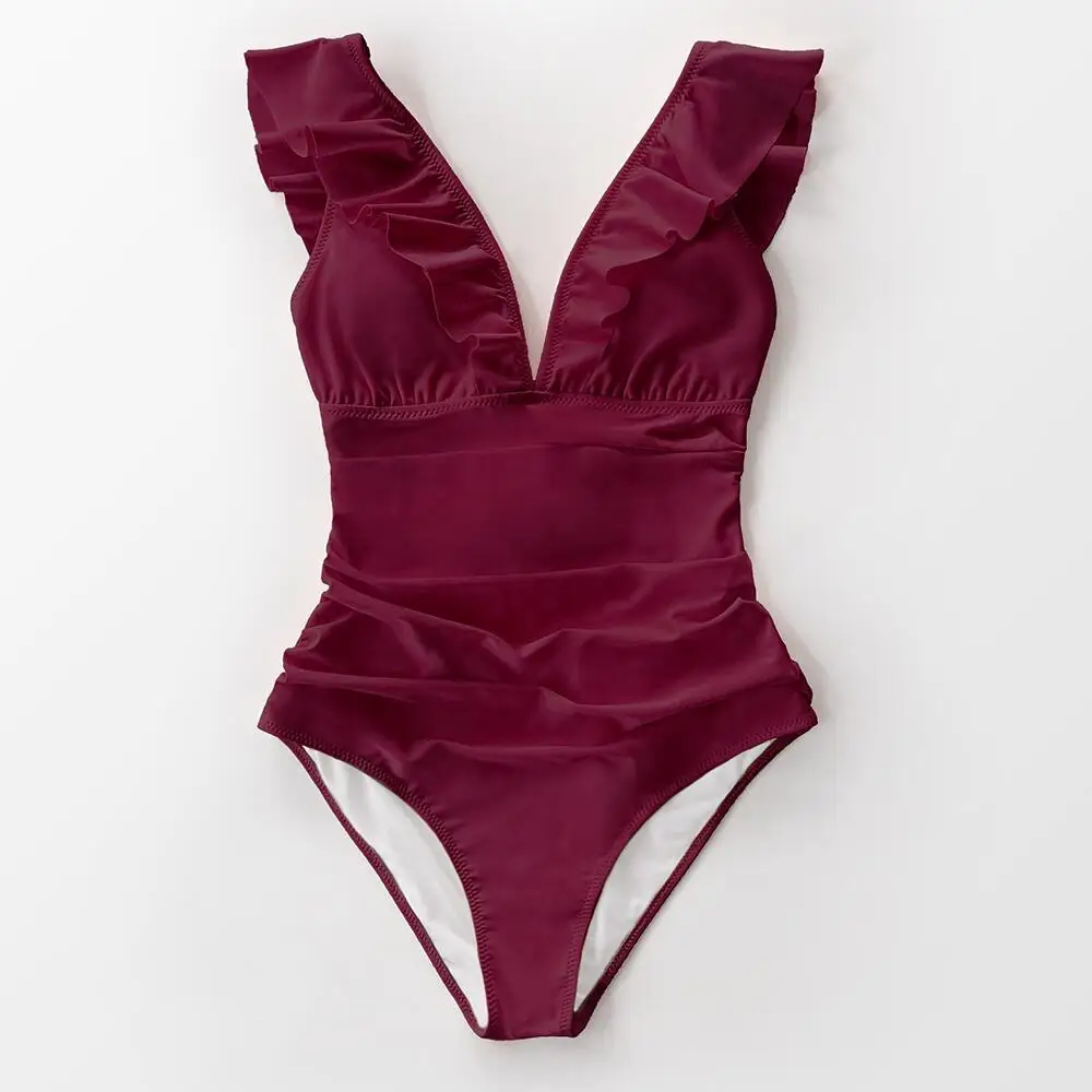 

SCCG-F StoreSolid Black Ruffled One-piece Swimsuit Women Sexy Lace up Monokini Swimwear 2021 New Girl Beach Bathing Suits