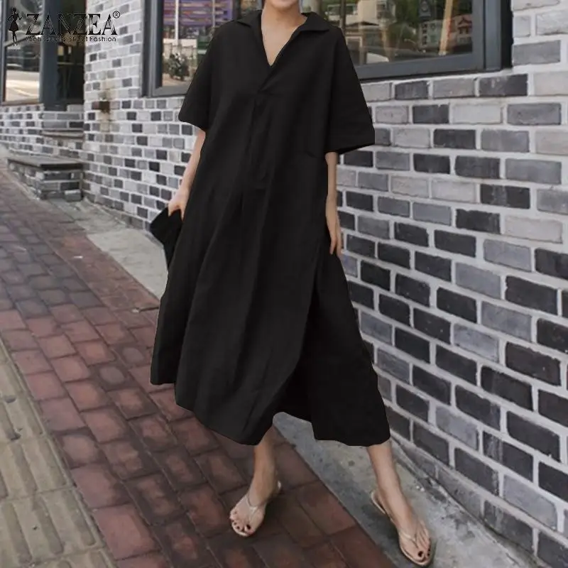 ZANZEA 2019 летнее платье для женщин хлопок длинное рубашка повседневное сексуальное