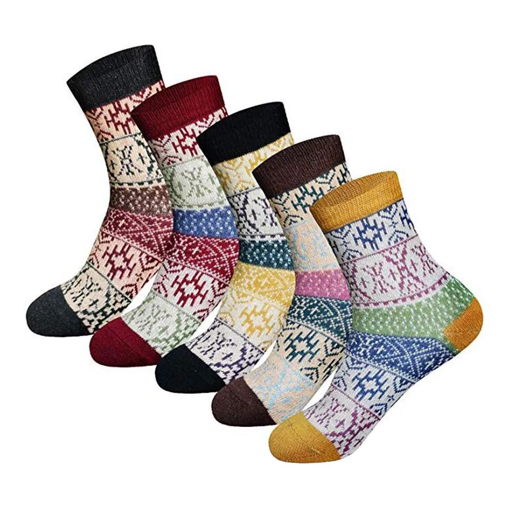 

5 Pairs Women Casual Winter Warm Thick Wool Vintage Colorful Knit Soft Socks Breathable Comfortable