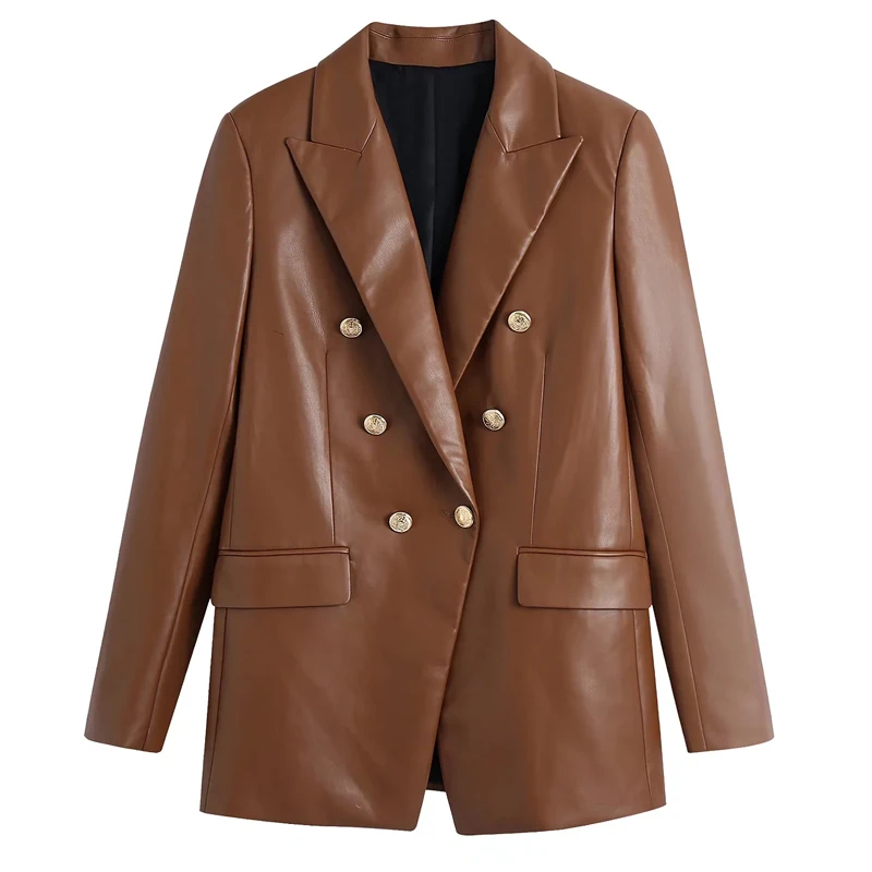 

TRAF Women Leather Blazer Double Breasted Female Blazer Long Sleeve Button Jacket Fall 2021 Womens Fashion Casual Blazer
