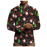 mens winter essential christmas tree cartoon santa claus letters printed shirt lapel long sleeve slim gown party lightweight