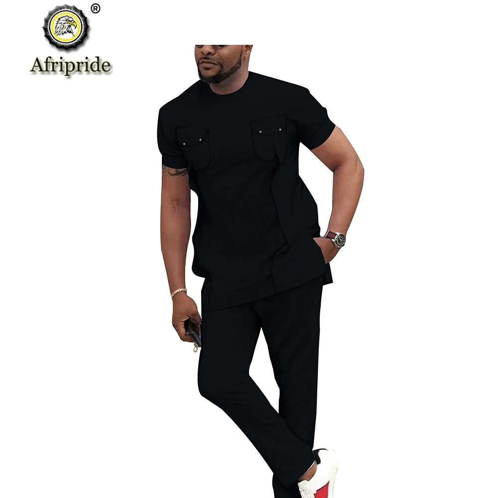 Men`s Casual Tracksuit African Clothing Short Sleeve Dashiki Blouse Shirt and Pants Set Ankara Attire Wax AFRIPRIDE S2016006