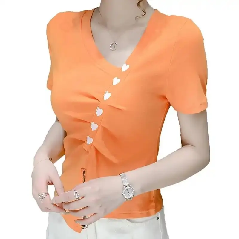 

Love print short sleeve T-shirt women's 2021 new summer slim pleated irregular V-neck top