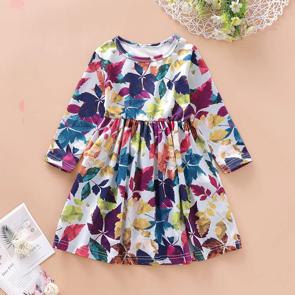 

New Dress Girl Kids Children Clothing Cotton Colorful Floral Printed Casual O-Neck Princess Long Sleeve Dress Girls Dresses